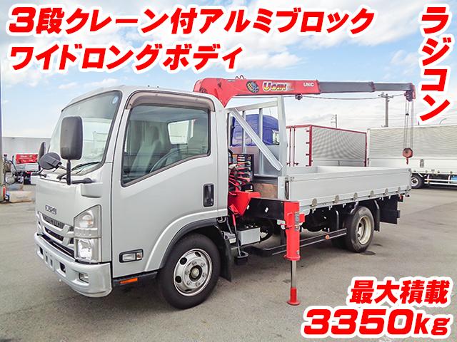 No.3494　H28　いすゞ　エルフ　古河製3段クレーン付アルミブロック　最大積載3350kg　ラジコン　ワイドロングボディ　床鉄板